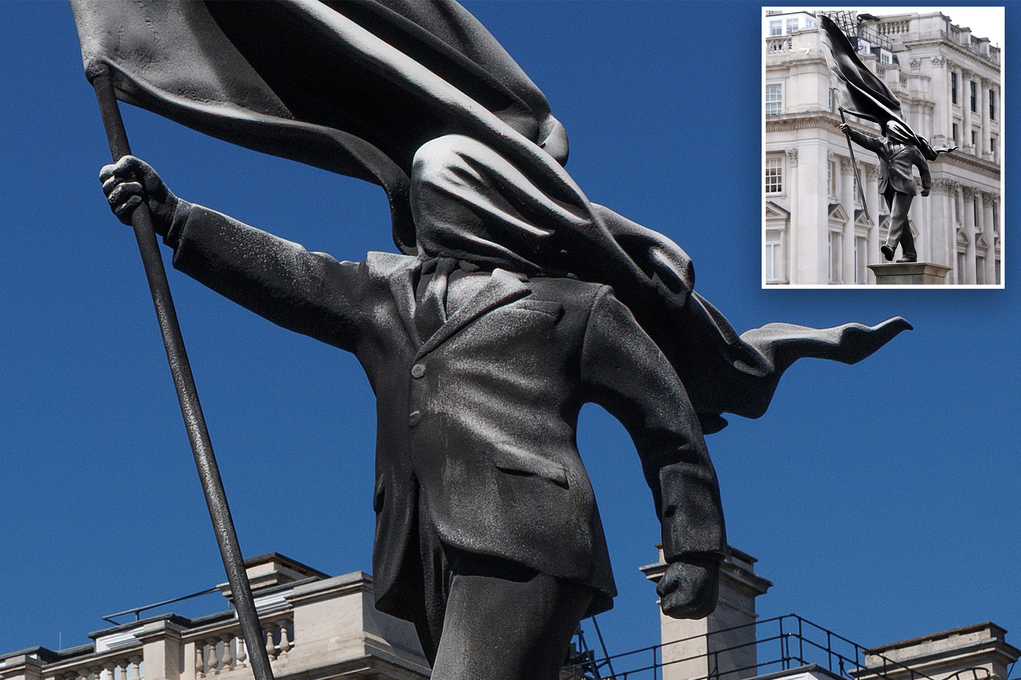 Banksy confirms new statue in London of man blinded by a flag is
