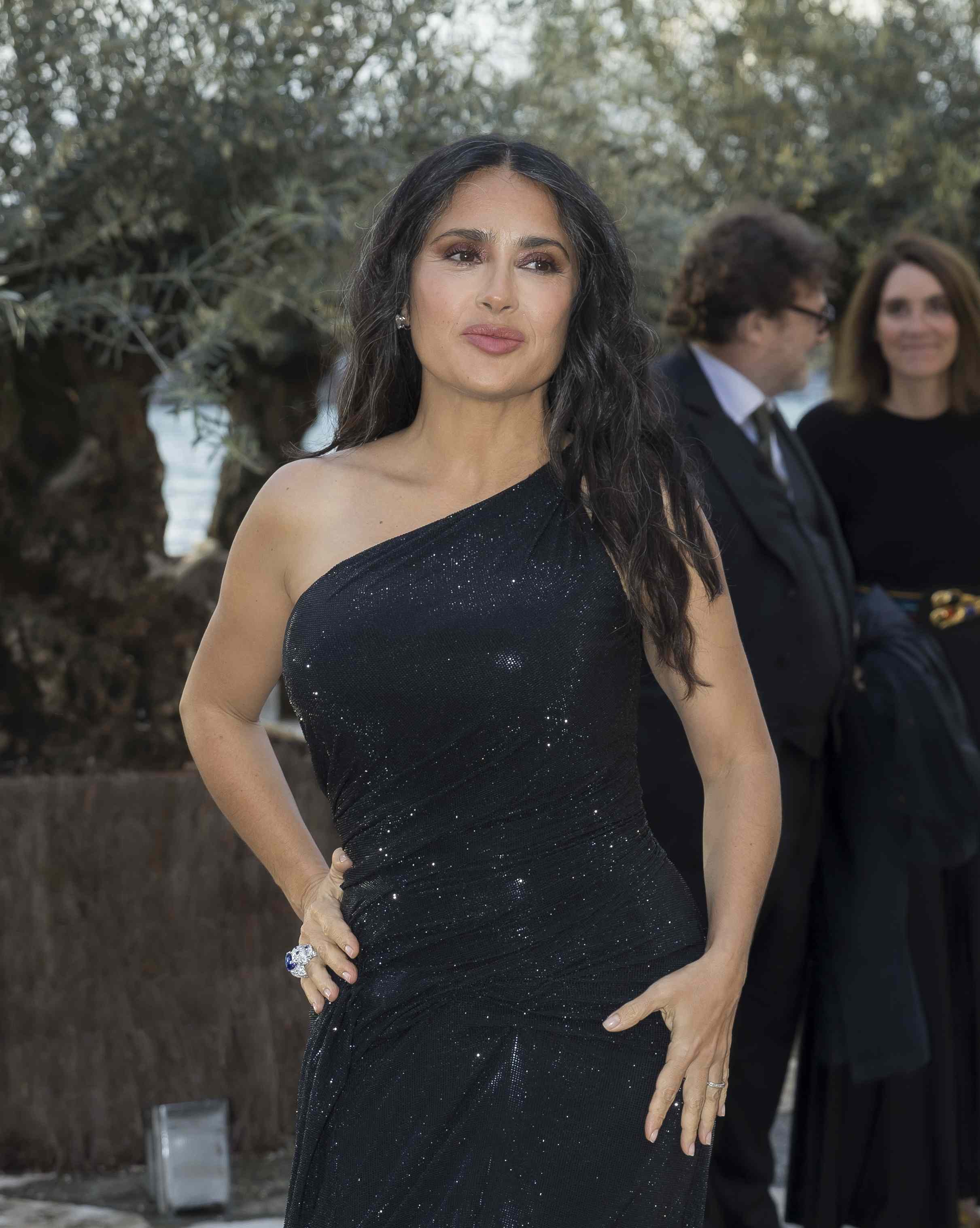 salma hayek black dress Hayek, 59, Sparkles in a Glittery One-Shoulder Gown and Matching Sky-High Heels Lace Mermaid Wedding Dresses
