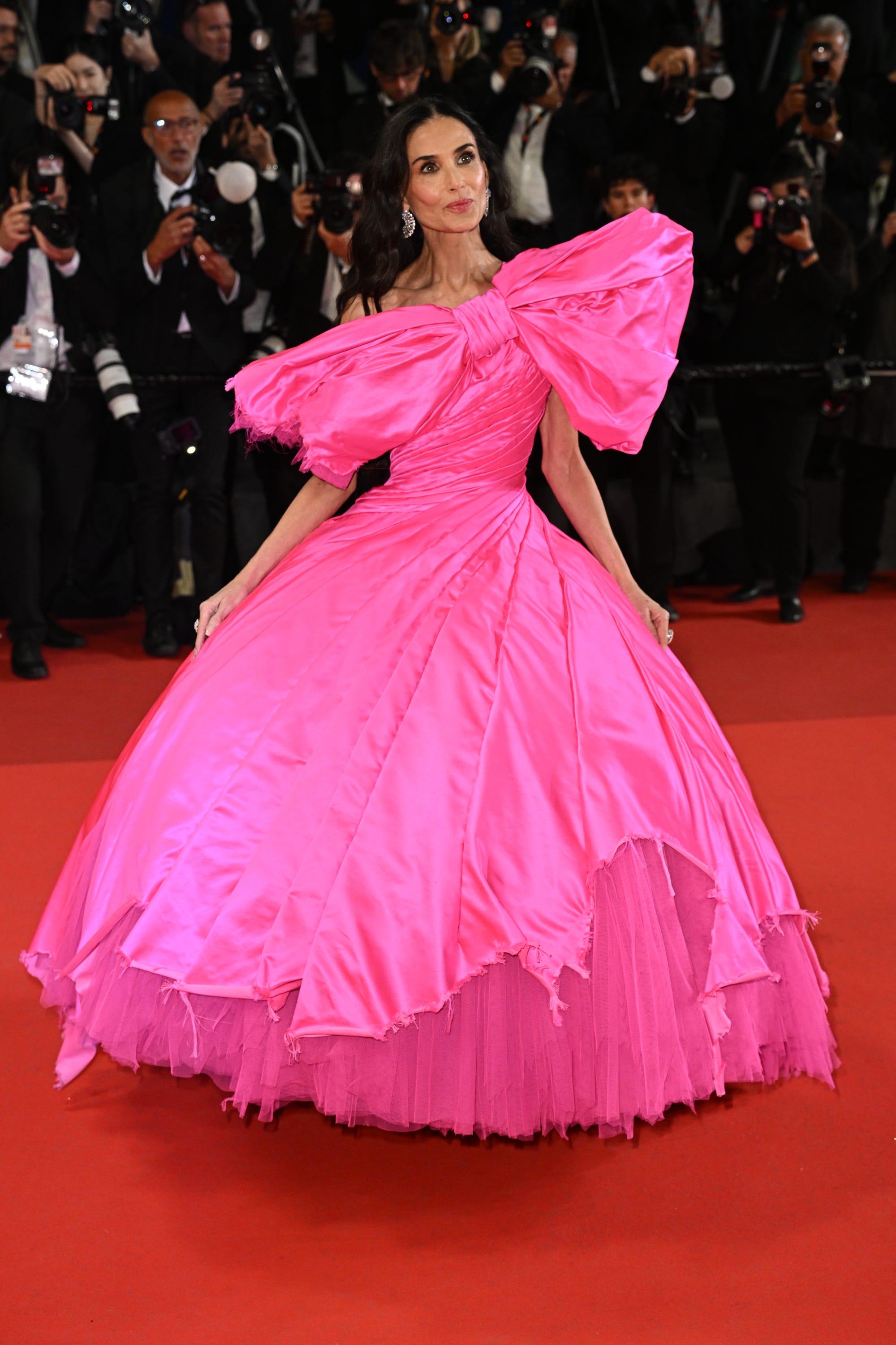 hot pink dress red carpet Modest Strapless satin corset prom dress in Hot with Ruffles Skirt