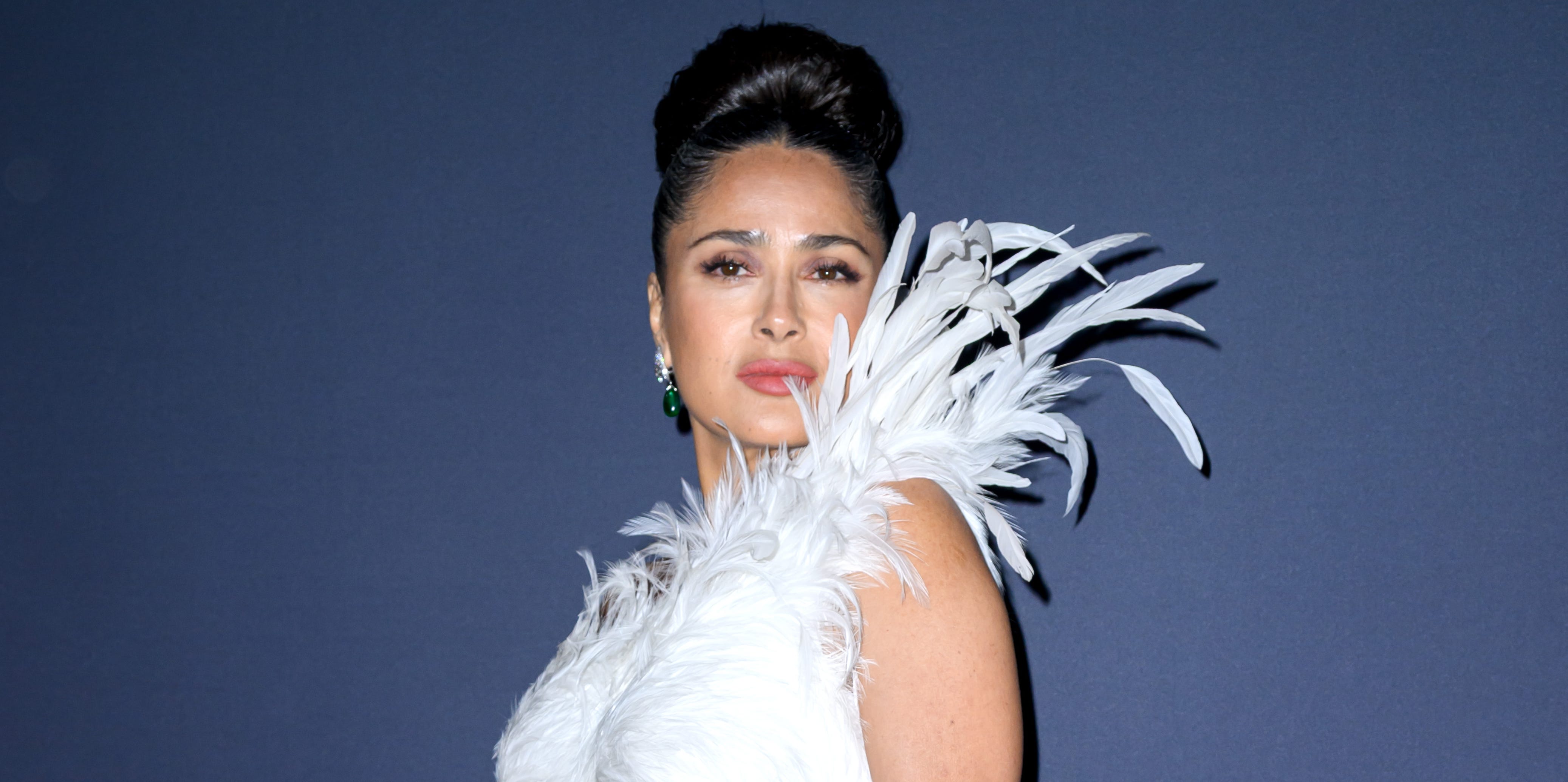 salma hayek white dress Is Ethereal in a Draping Gown on the Red Carpet February 9, 2020, Hollywood, California,