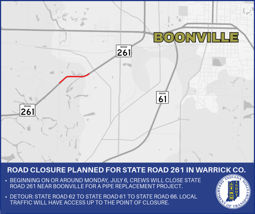 Road closure planned for State Road 261 in Warrick County - AOL
