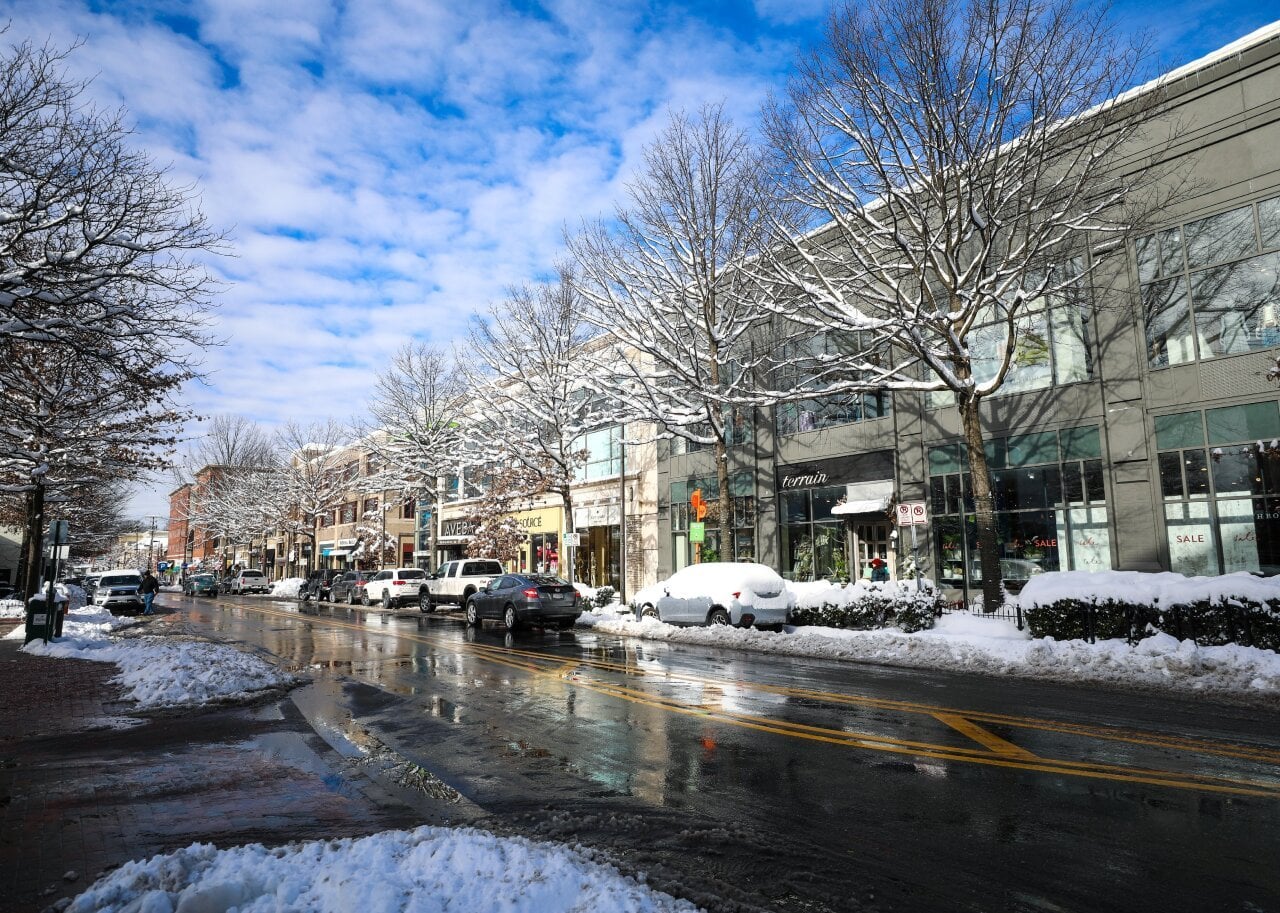 Snow blankets downtown Bethesda. -