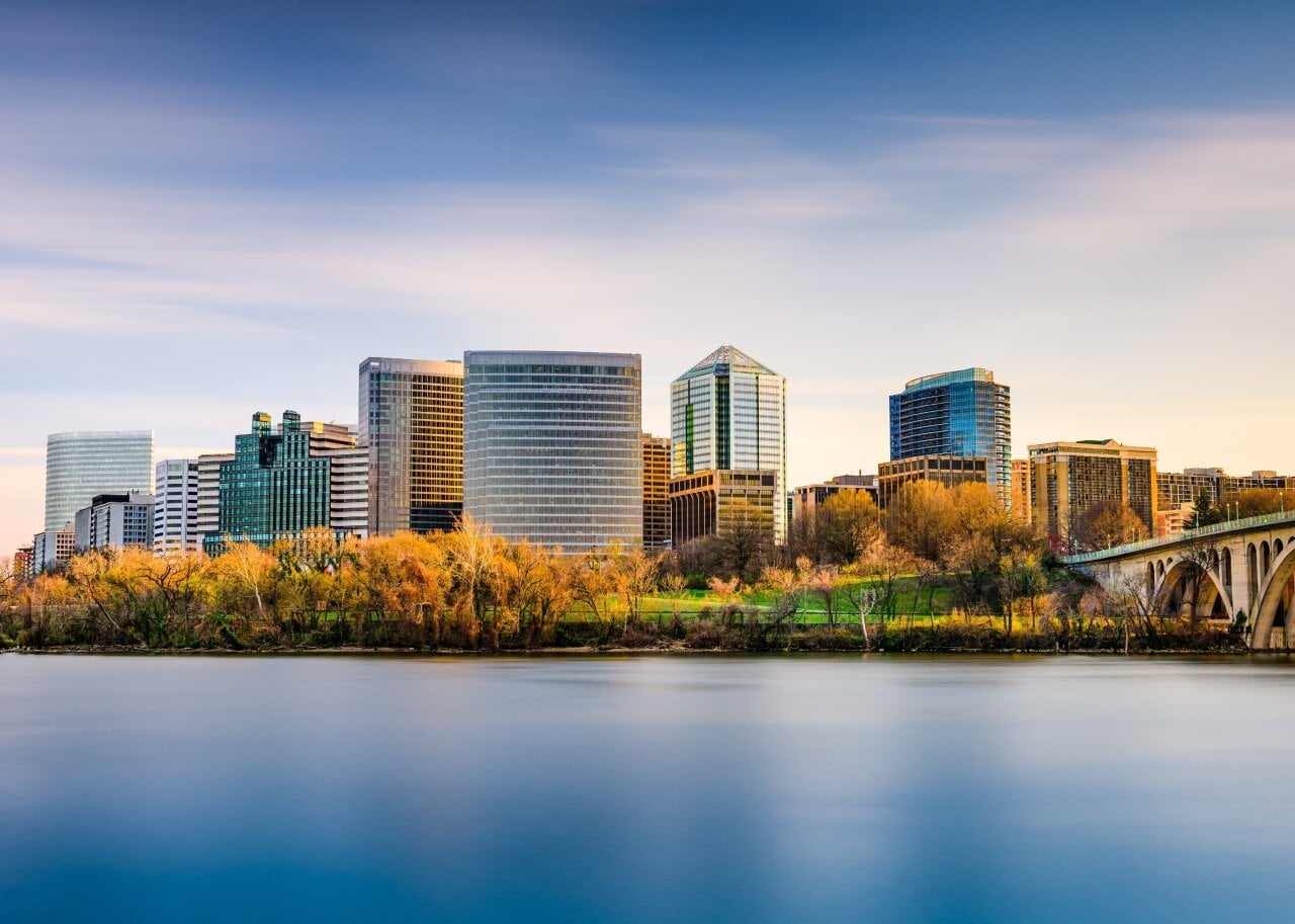 Arlington, Virginia, city skyline on the Potomac River. -