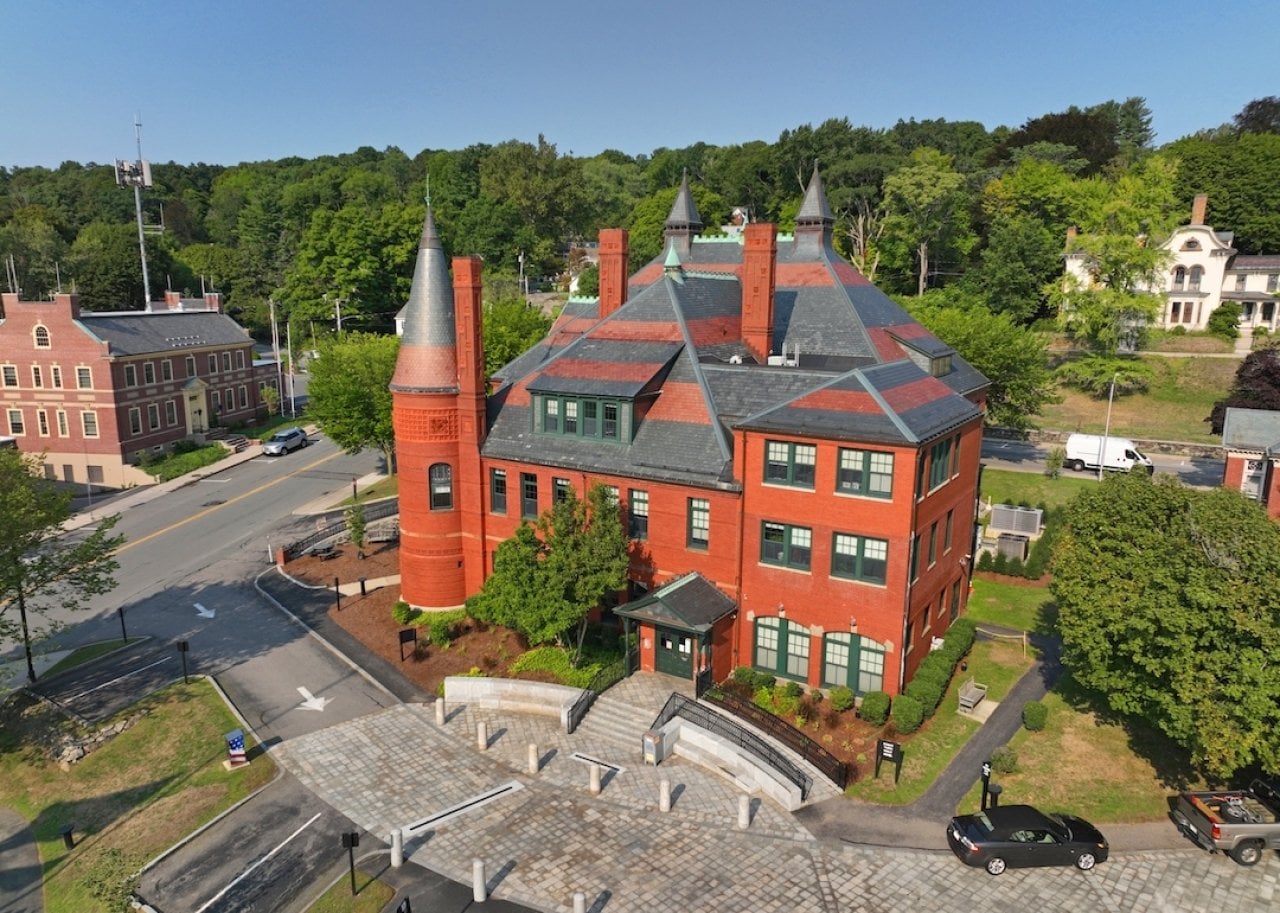 Belmont Town Hall building in the historic town center of Belmont, Massachusetts. -
