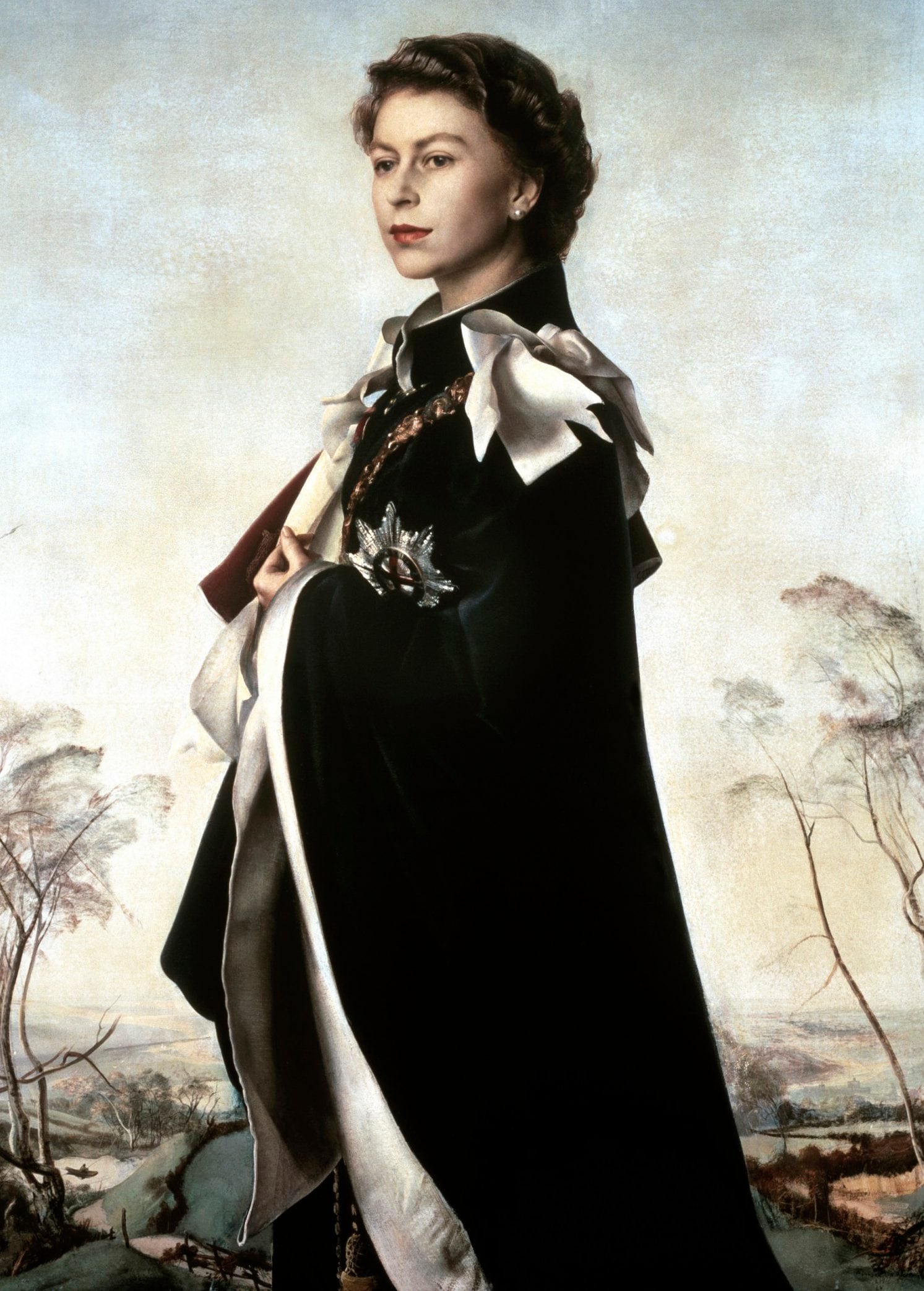Elizabeth II in a painting by Pietro Annigoni, commissioned in 1955, on which the statue is modelled