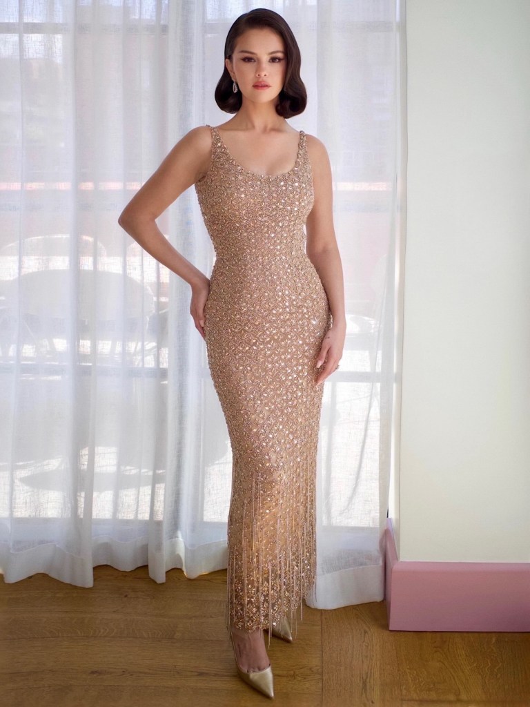 selena gomez gold dress glitters in Oscar de la Renta at Taylor Swift and Travis Kelce's wedding selena gomez 2026