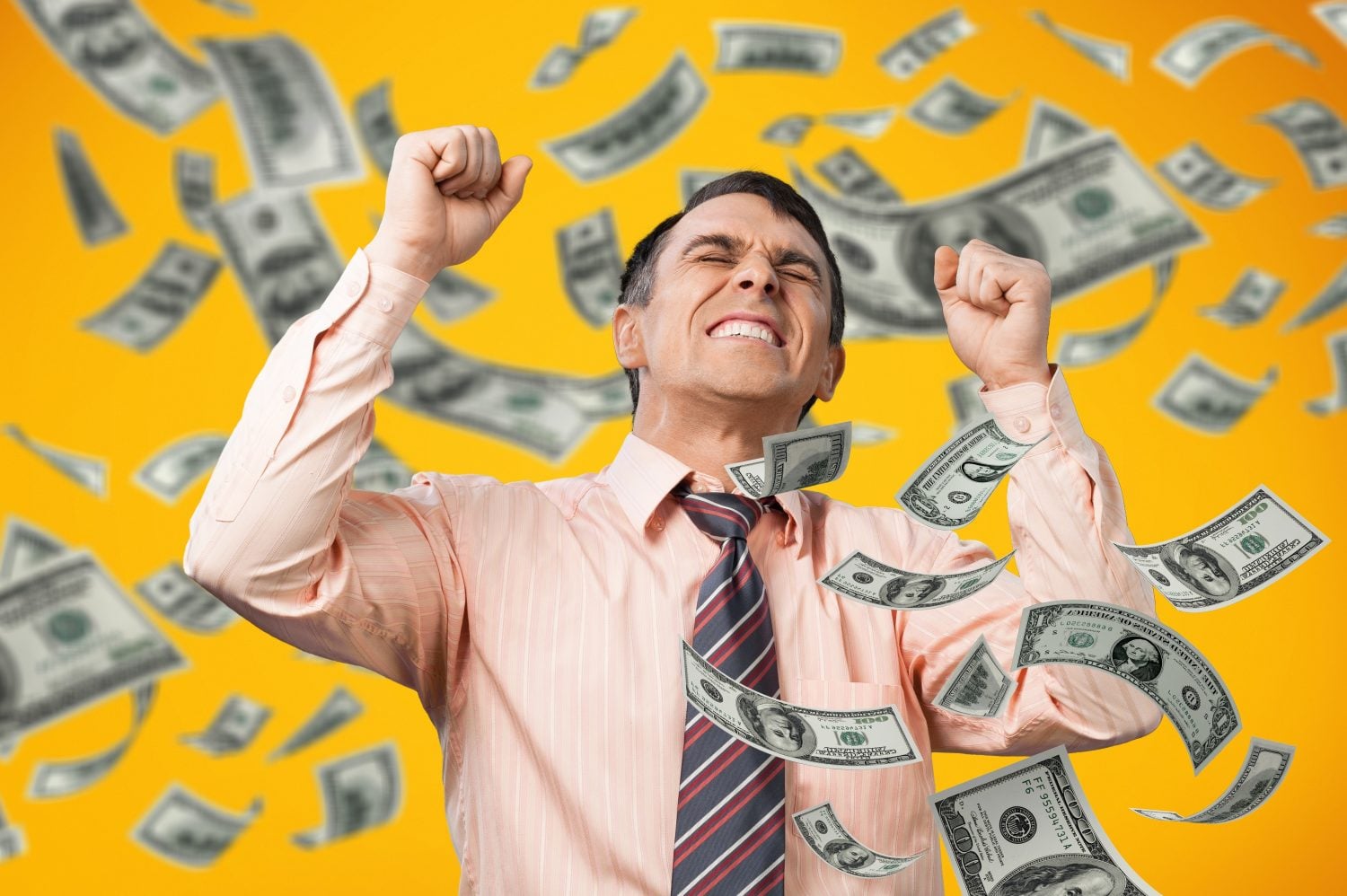 Crazy funny funky man millionaire waste money throw banknotes