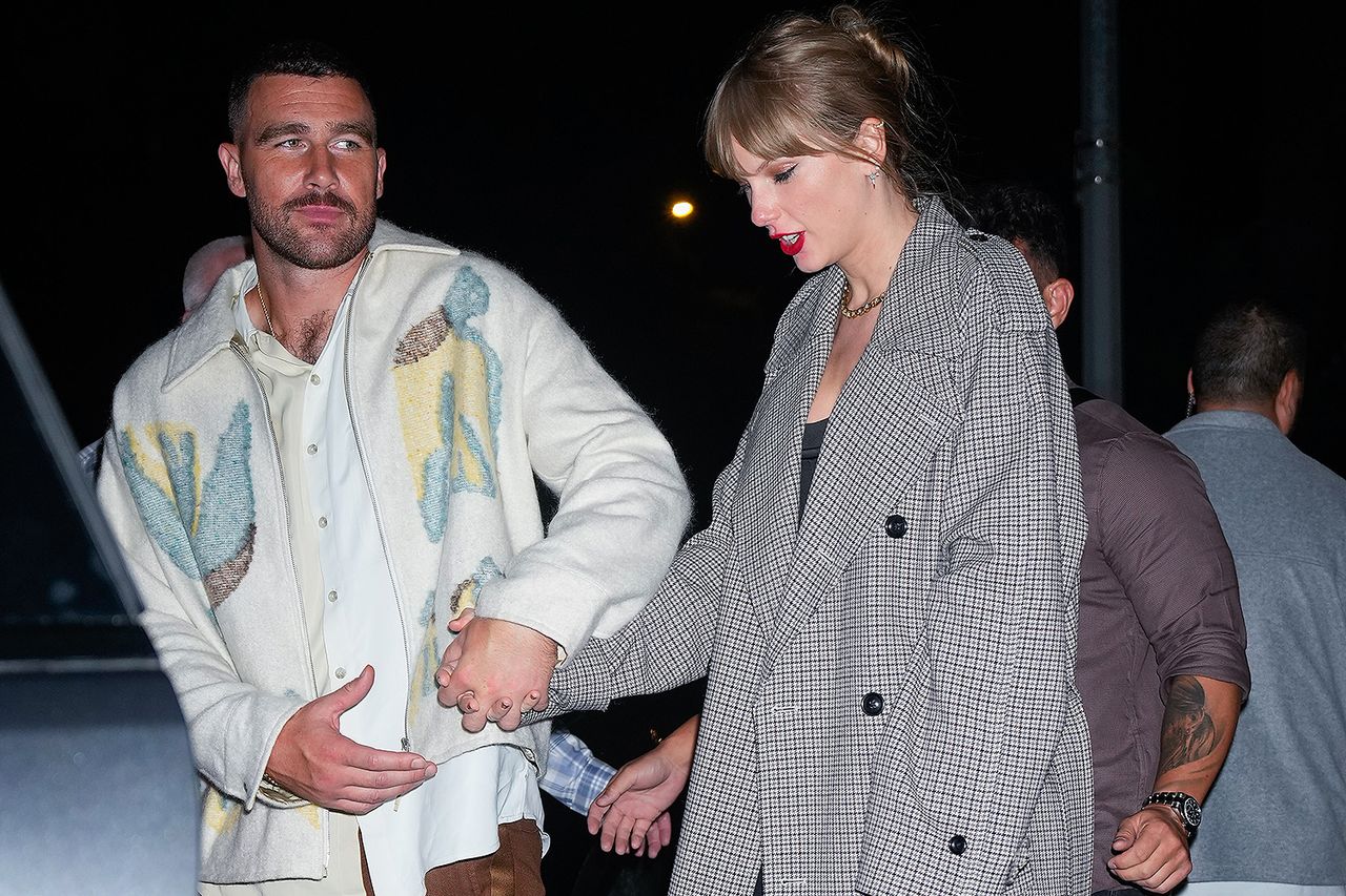 Taylor Kelce and Taylor Swift holding hands in N.Y.C. in October 2023Credit: Gotham/GC Images