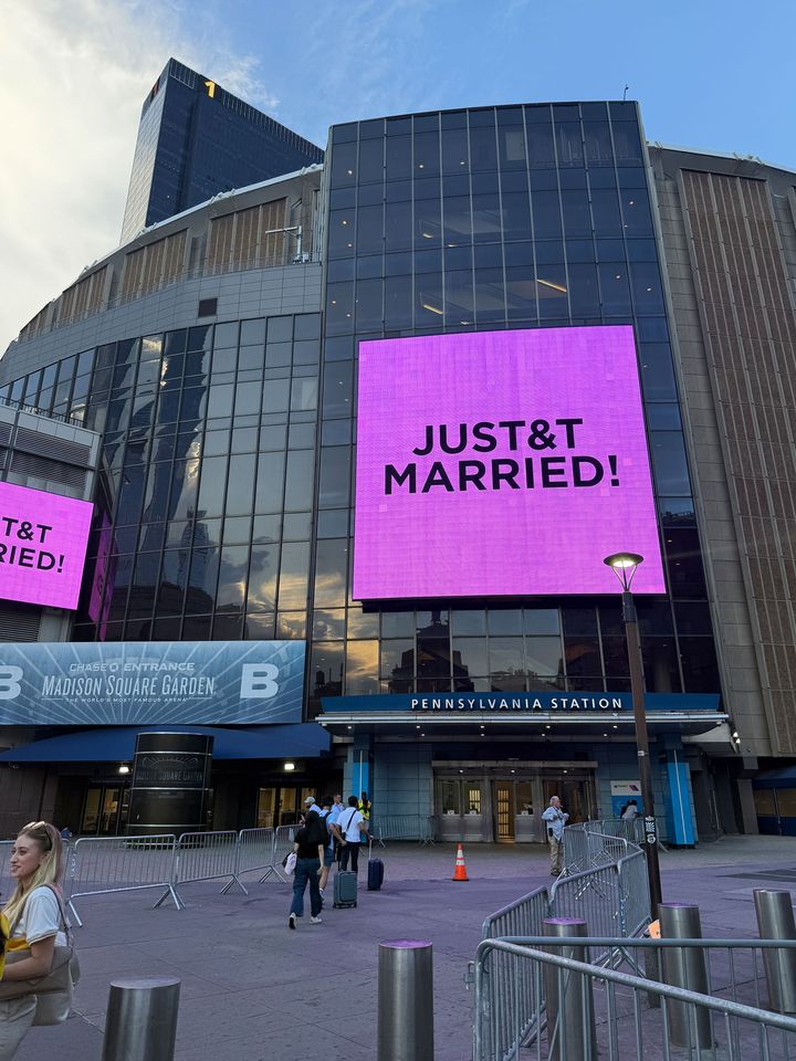 Screen outside Madison Square Garden following Taylor Swift and Travis Kelce's wedding in Madison Square Garden in N.Y.C.