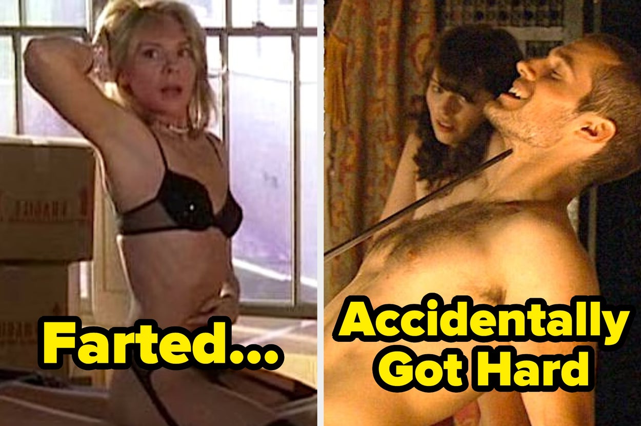 A man and Kim Cattrall are on a bed surrounded by boxes. The woman is in lingerie, and the man is shirtless