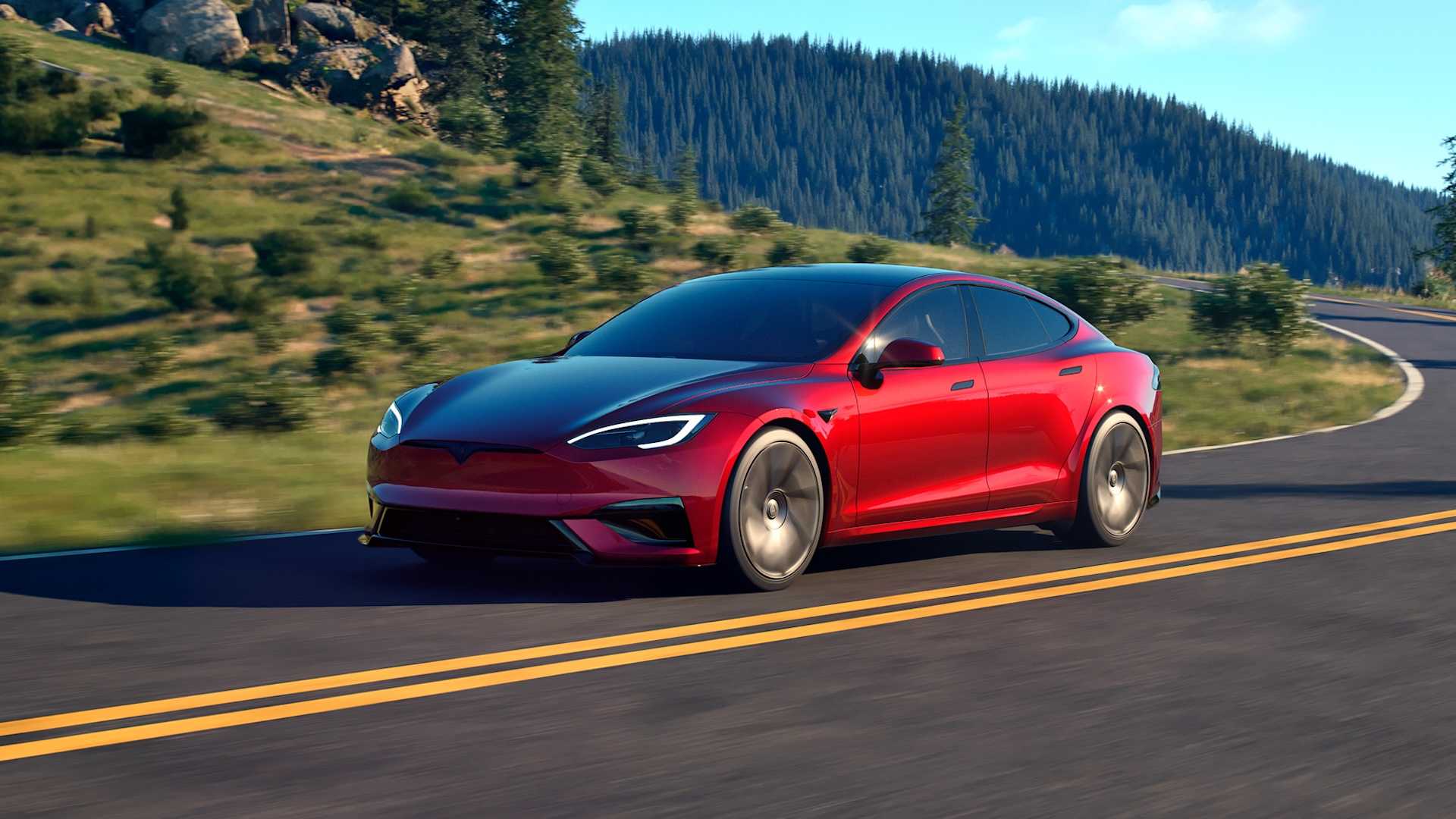 2025 Tesla Model S Plaid front 3/4 driving
