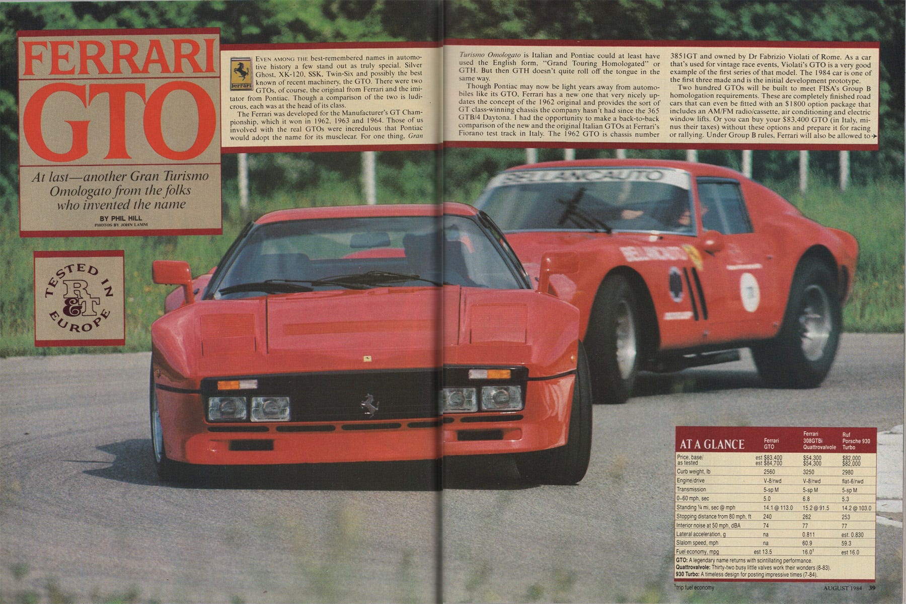 crveni ferrari gto i starinski trkaći automobil na stazi, s tekstom i specifikacijama.
