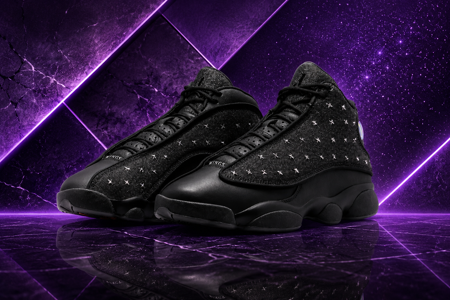 Air Jordan 13 'Wings' — Triple Black, X-Pattern Embroidery, WINGS
