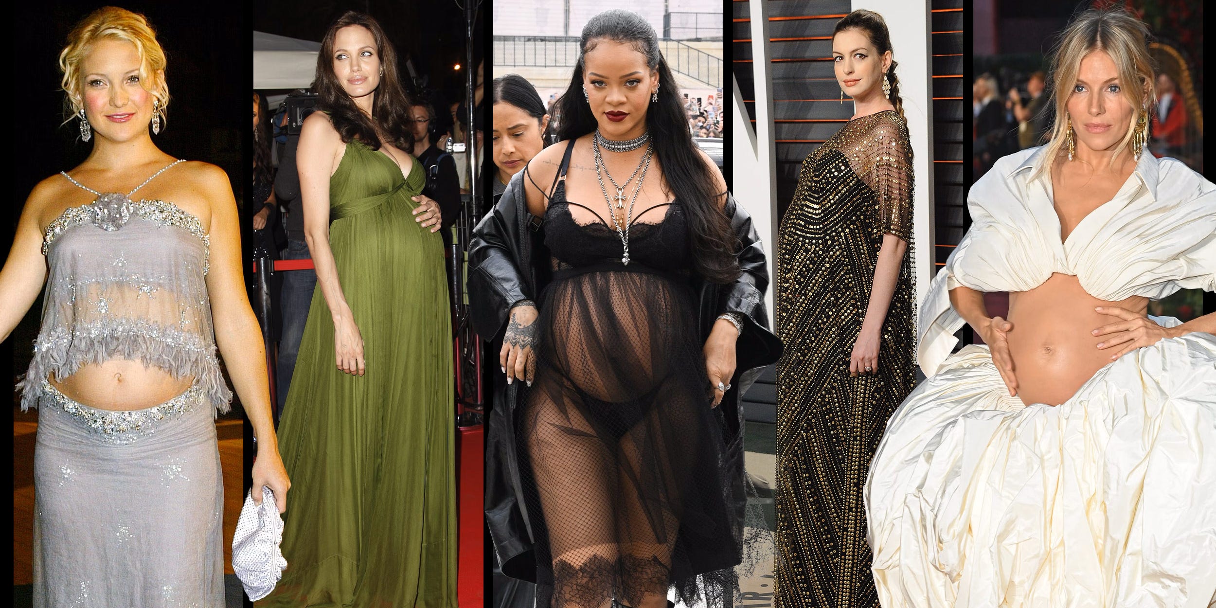Mujeres famosas con trajes elegantes que celebran el embarazo en varios eventos.