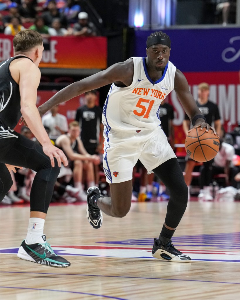 Mohamed Diawara of the New York Knicks drives to the basket during the game against the Brooklyn Nets during the 2026 NBA Summer League on July 10, 2026 at the Thomas & Mack Center in Las Vegas, Nevada. NBAE via Getty Images