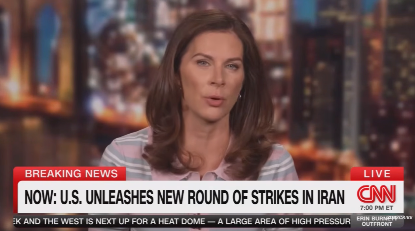 News broadcast with anchor reporting: "U.S. unleashes new round of strikes in Iran." Airs on CNN at 7:00 PM ET