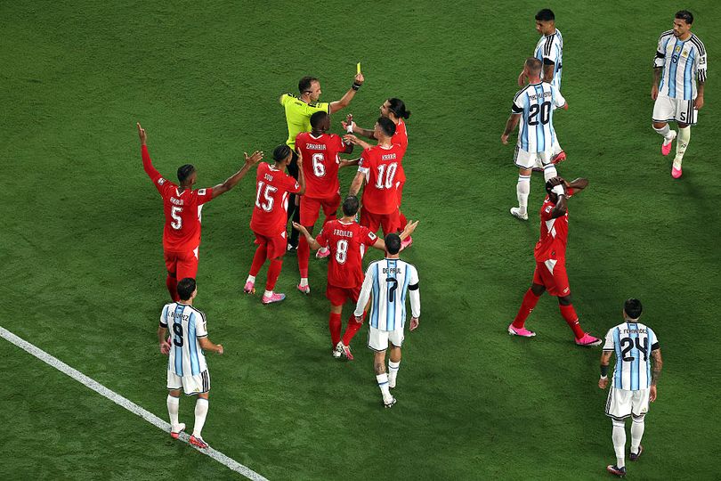 Switzerland stars remonstrated with the referee as he brandished a second yellow card