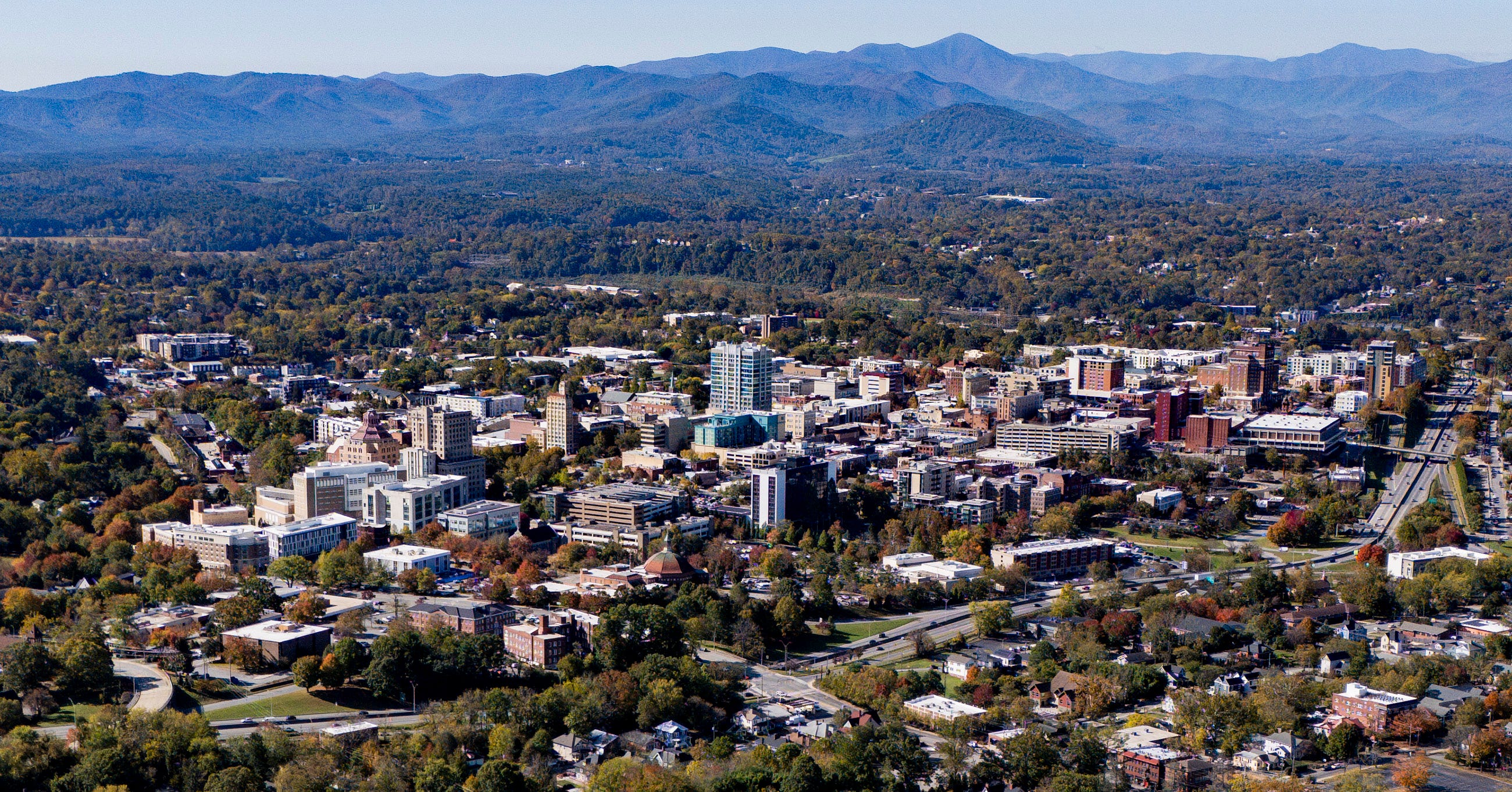 An aerial view of Asheville, Oct. 17, 2025.