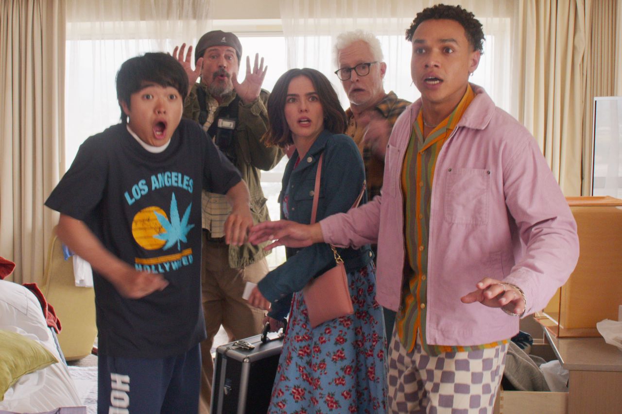 Ben Wang, Ken Marino, Zoey Deutch, John Slattery and Miles Gutierrez-Riley in Gail Daughtry and the Celebrity Sex PassCredit: Sony Pictures