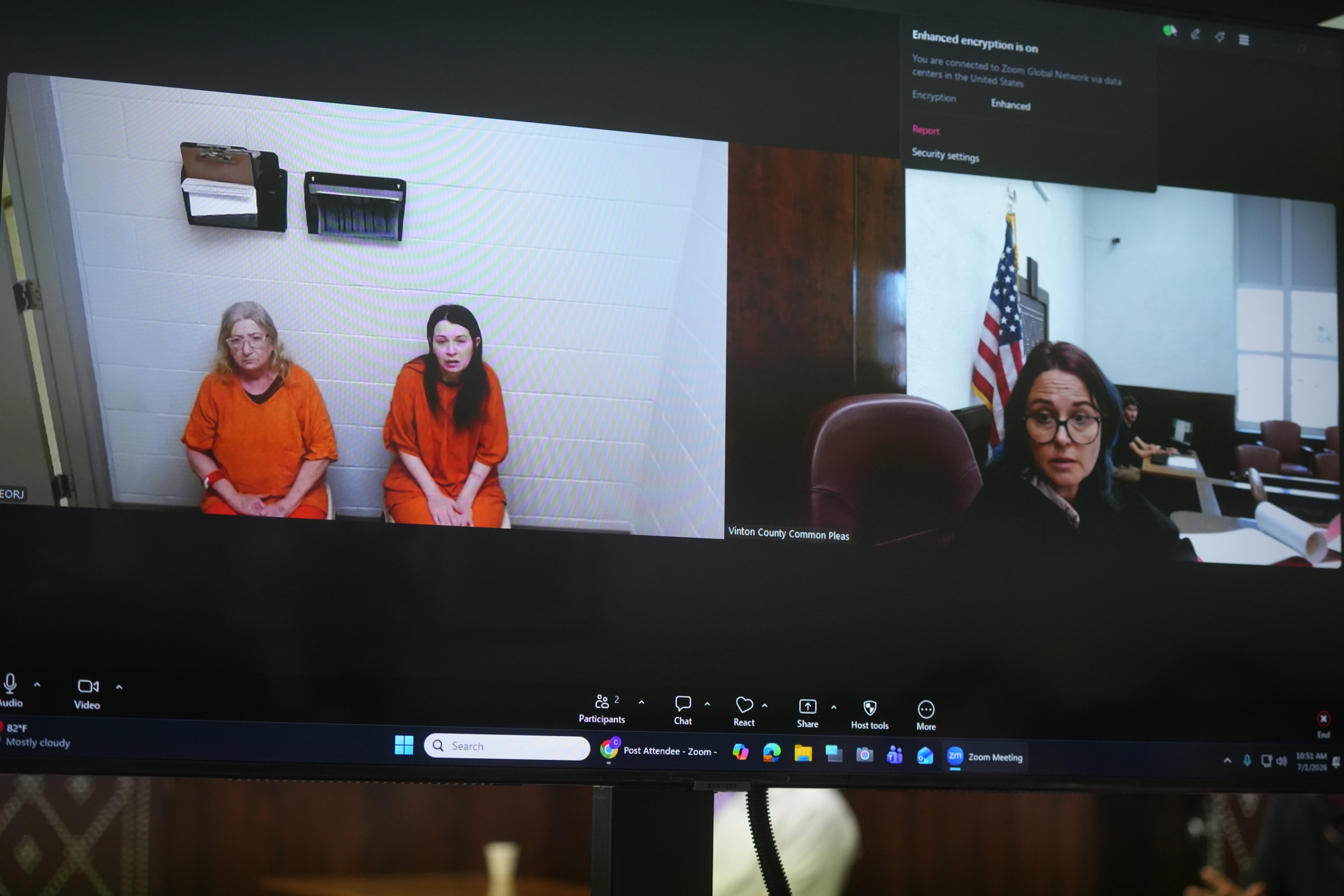 Christina Siders and Elizabeth Siders appear via Zoom in the Vinton County Court of Common Pleas in McArthur July 1, 2026 in Judge Laina Fetheroff Rogers' courtroom. Four adults face a total of 16 charges of child endangerment after children were found in “deplorable” conditions June 30, 2026.
