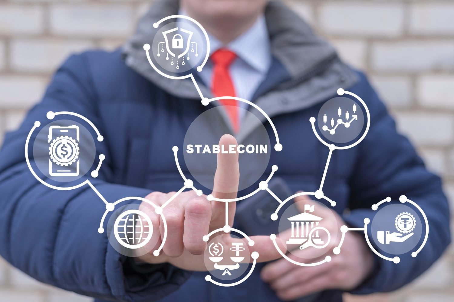 Trader using virtual touch interface sees word: STABLECOIN. Stablecoin Stock Market Cryptocurrency Trading Prices Investment Concept. Cryptocurrency stable coins tokens by market capitalization.