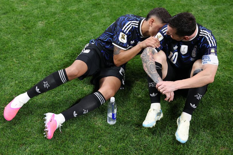 Nahuel Molina #26 and Lionel Messi #10 of Argentina celebrate after the 2-1 win during the FIFA World Cup 2026 Semi Final match between England and Argentina at Atlanta Stadium on July 15, 2026, in Atlanta, Georgia.