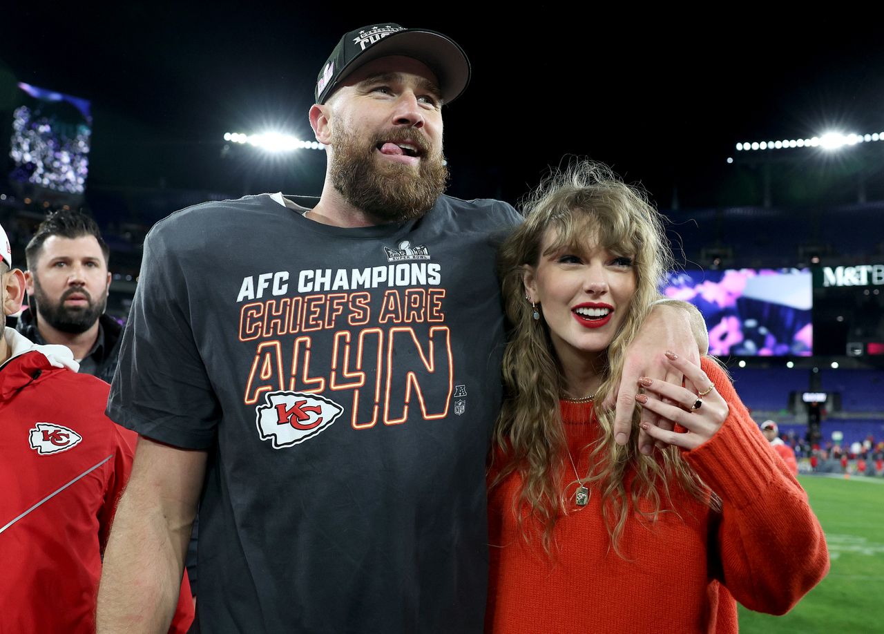 Taylor Swift and Travis Kelce celebrate his AFC Championship Win in 2024Credit: Getty Images