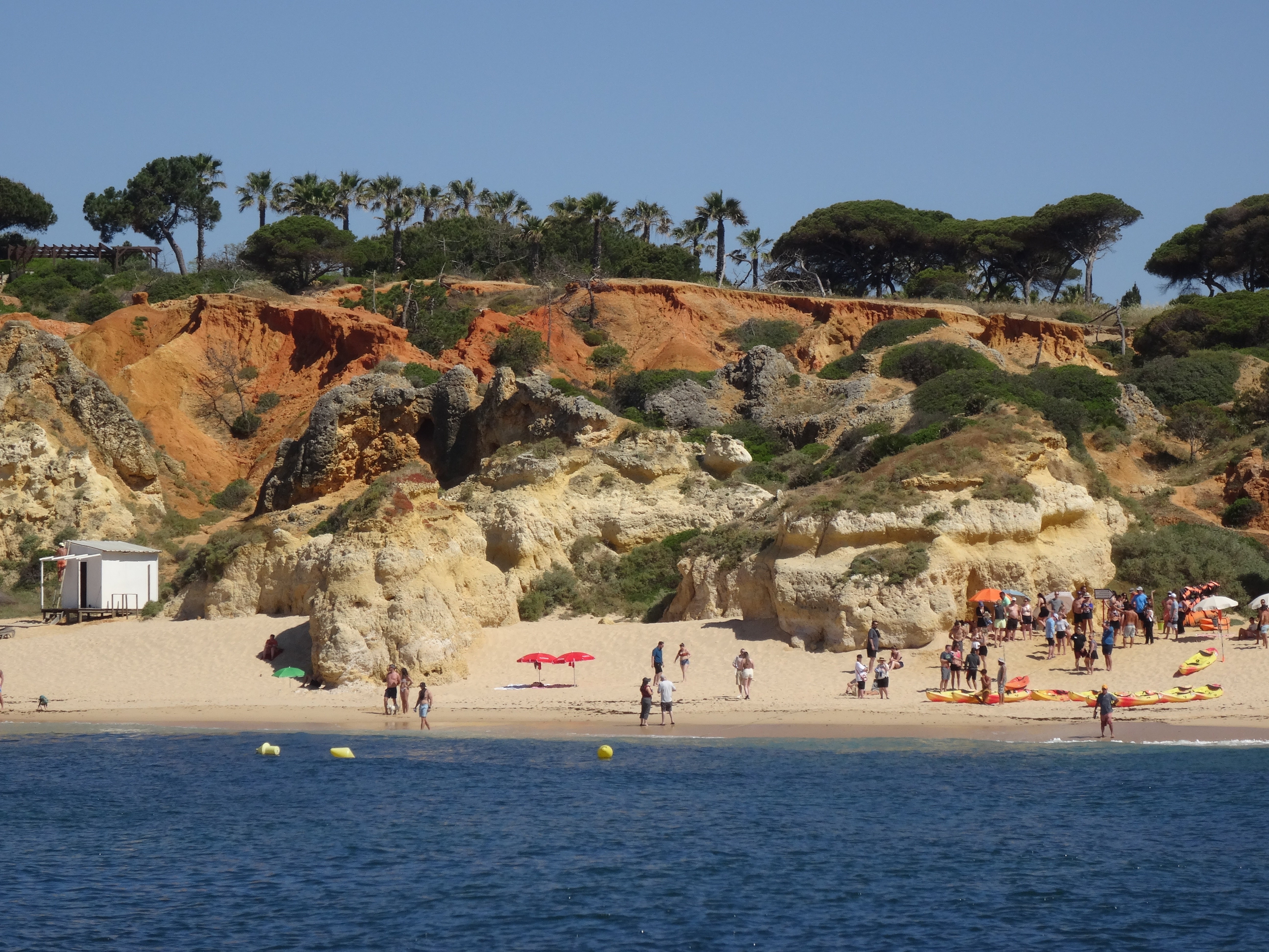 Um cenário de praia sereno com um penhasco rochoso, pessoas tomando sol e guarda-sóis. O mar está calmo sob um céu limpo, perfeito para um dia relaxante