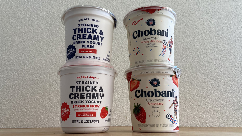 Trader Joe's and Chobani yogurt containers stacked into two towers
