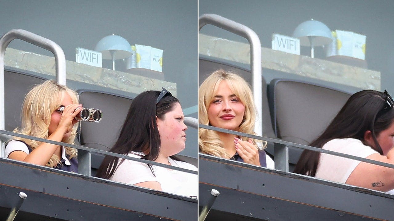 A split image of Sabrina Carpenter at the World Cup.