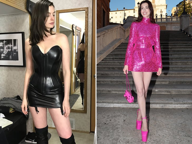 anne hathaway y2k mini dress Shines in Louis Vuitton Micro Minidress at 'TDWP2' Party Anne Hathaway Rocks Sequined Pink