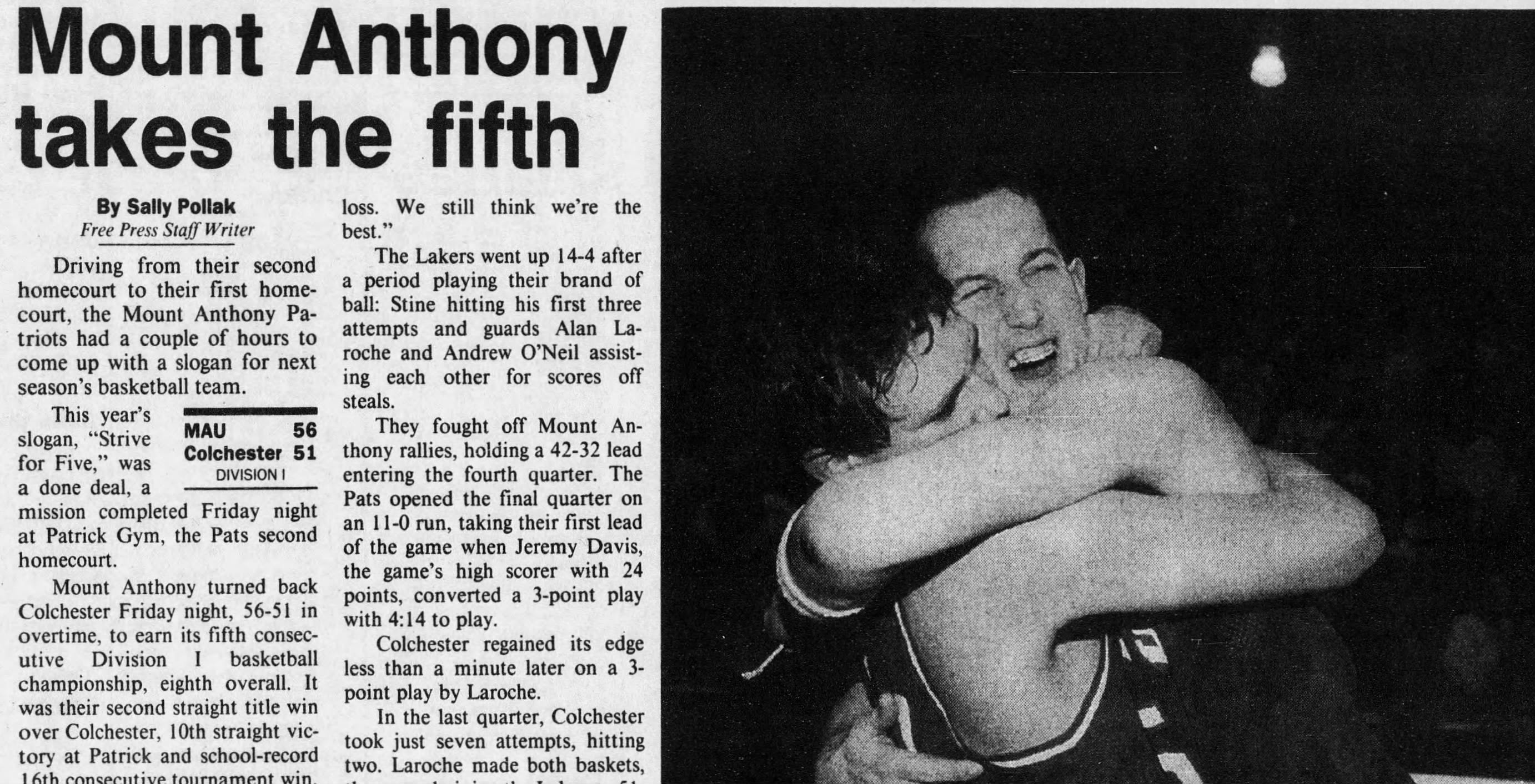 Mount Anthony captured its fifth straight D-I boys basketball crown in 1992.