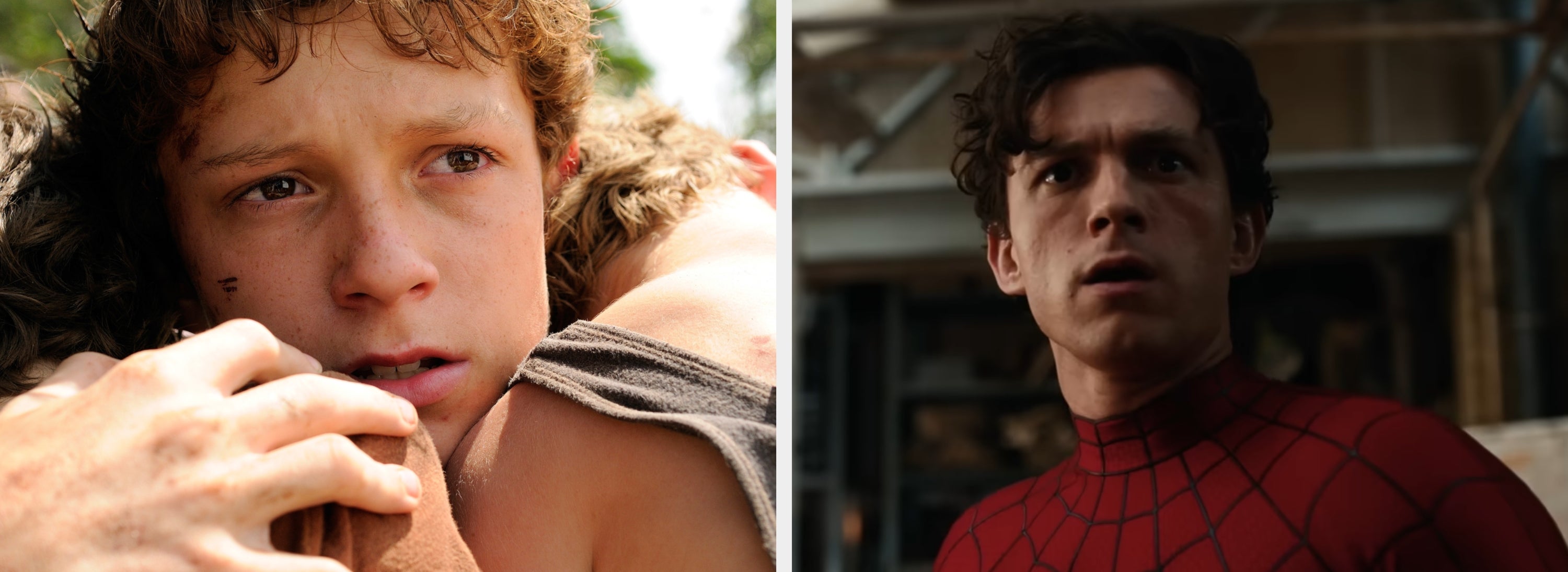 Left image: Young Tom embraces another person closely, looking emotional. Right image: older Tom in a web-patterned suit appears surprised or concerned