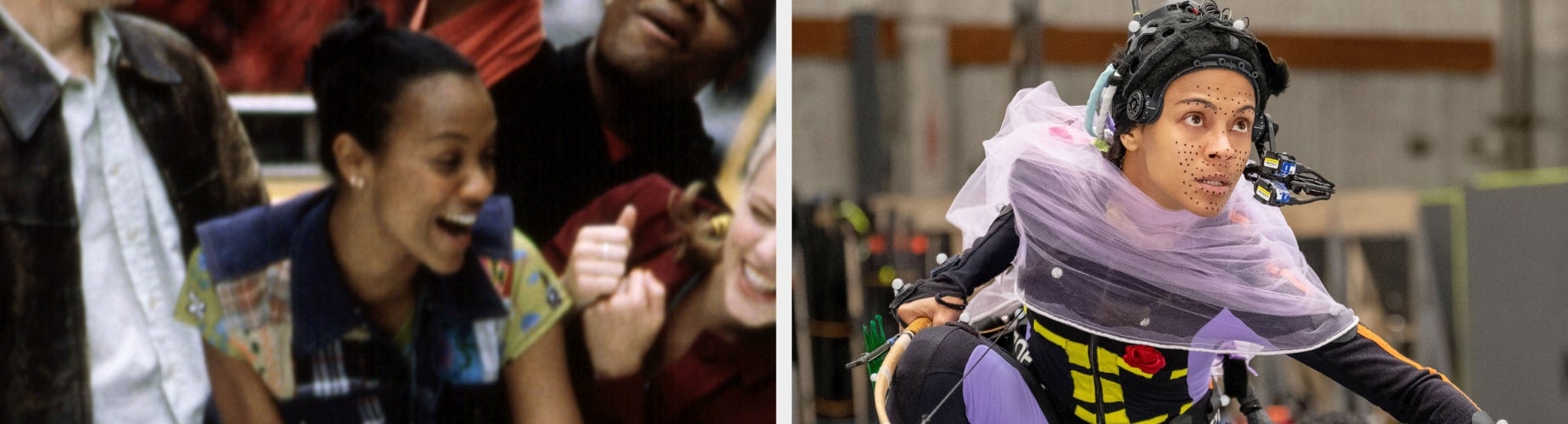 Two images: Left, Zoe Saldana smiling and engaging with others. Right, Zoe in a motion-capture suit with a headset, focusing intently