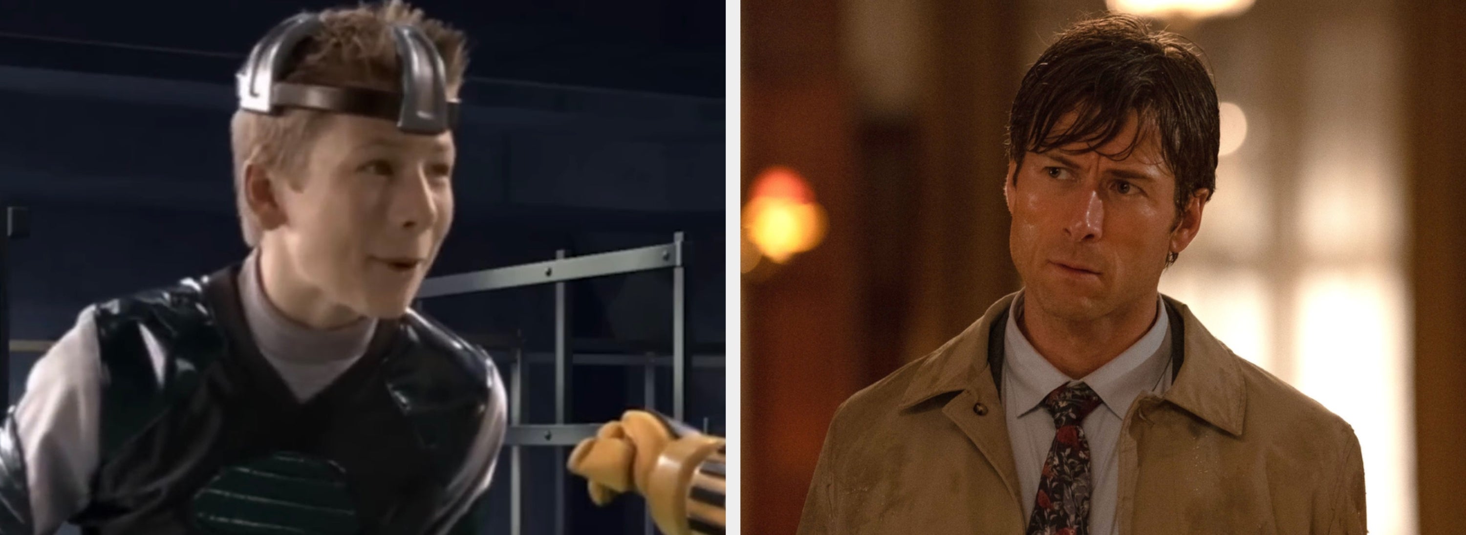 Two images side by side: a young Glen Powell in futuristic gear and Glen in a suit and tie, looking concerned