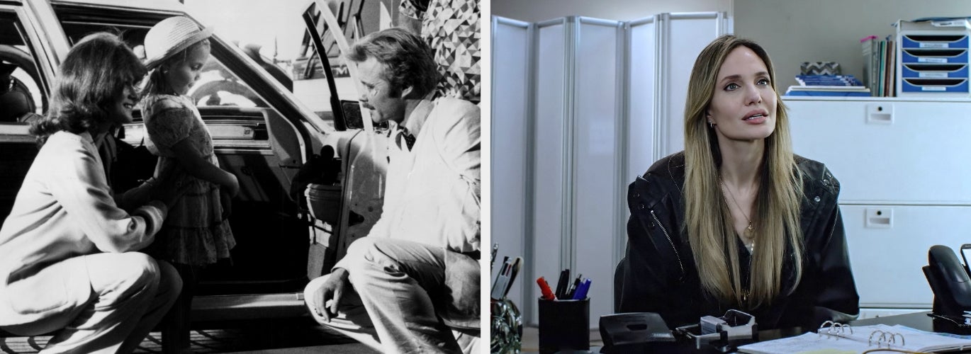 Two images: left has people near a car, Angelina as a child; right shows Angelina at a desk in casual clothing, looking thoughtful