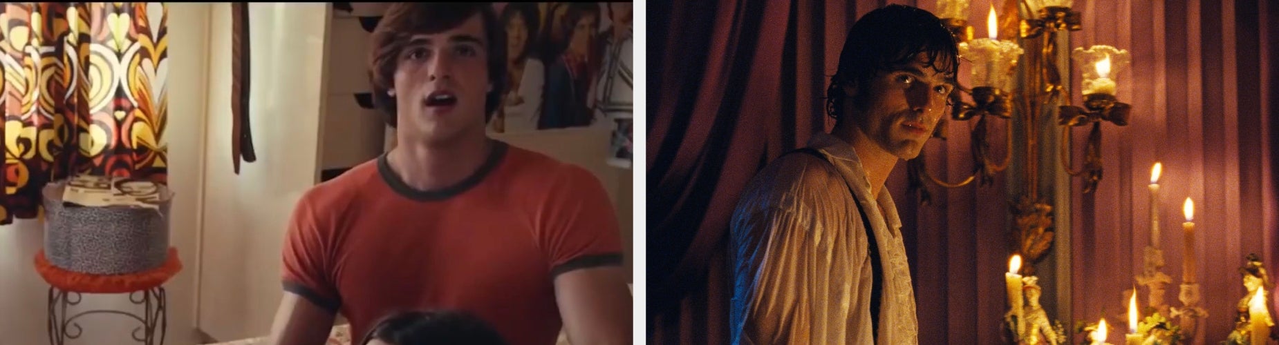 Two scenes with Jacob Elordi: one in casual attire reacting surprised, and another in historical costume looking serious near candlelight
