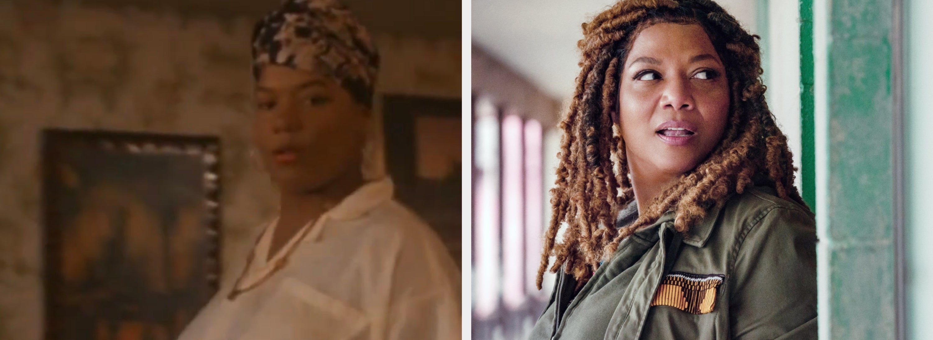Two images of the same person: left, Quen Latifah wearing a headwrap and white top; right, Queen Latifah in a green jacket with an epaulet, looking off to the side