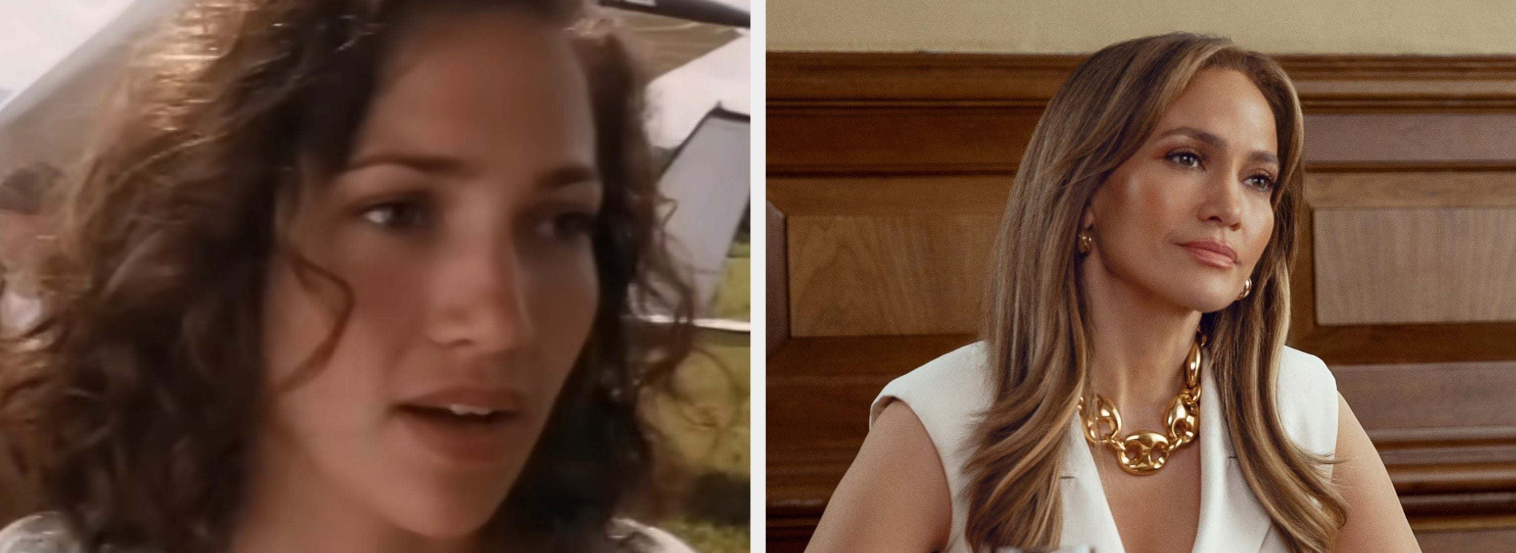 Young Jennifer Lopez on the left with curly hair. On the right, Jennifer Lopez with long hair wearing a sleeveless top and a chunky necklace sits in a wooden room