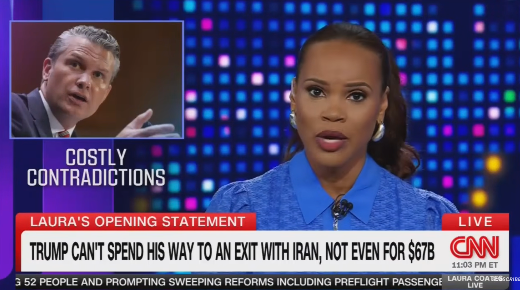 CNN news segment with an anchor discussing costly contradictions. Headline reads: "Trump can't spend his way to an exit with Iran, not even for $67B."