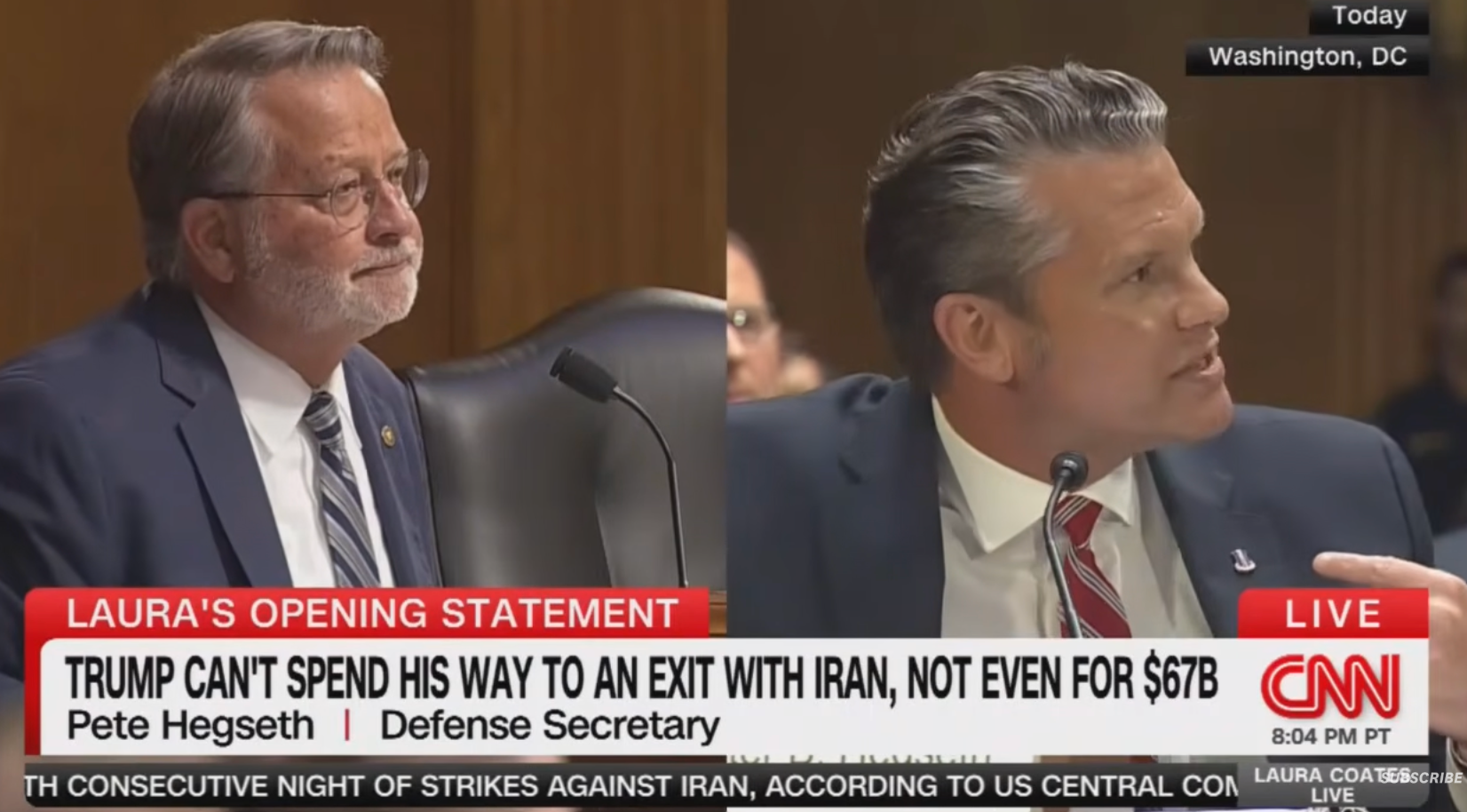 Two men in a political debate on CNN, discussing U.S. defense spending on Iran