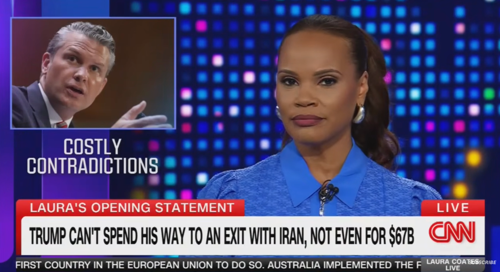 News broadcast with anchor discussing political issue involving Trump and Iran. A graphic labeled "Costly Contradictions" features a man gesturing