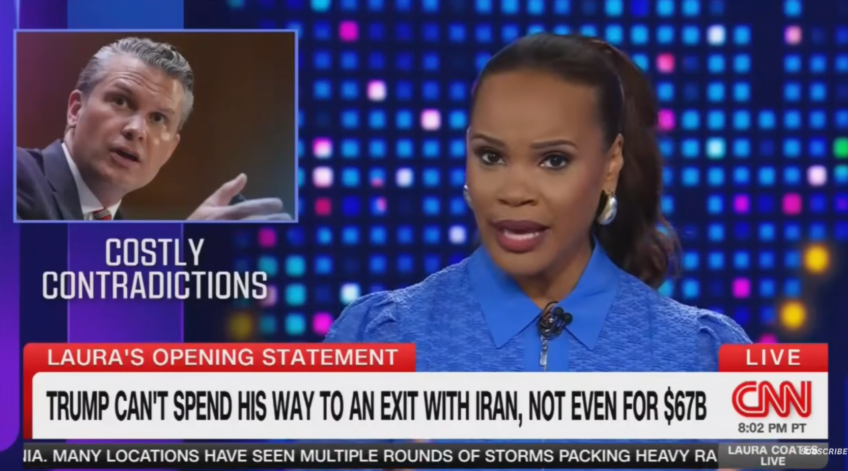 News anchor delivers commentary on costly contradictions; inset shows another speaker. Headline: Trump can't exit with Iran for $67B