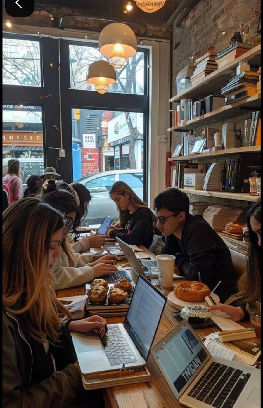Plusieurs personnes sont assises à une longue table en bois dans un café chaleureux, travaillant sur des ordinateurs portables et des ordinateurs portables. Des pâtisseries et des boissons sont sur la table et des étagères avec des livres bordent le mur. De grandes fenêtres montrent une rue à l'extérieur.