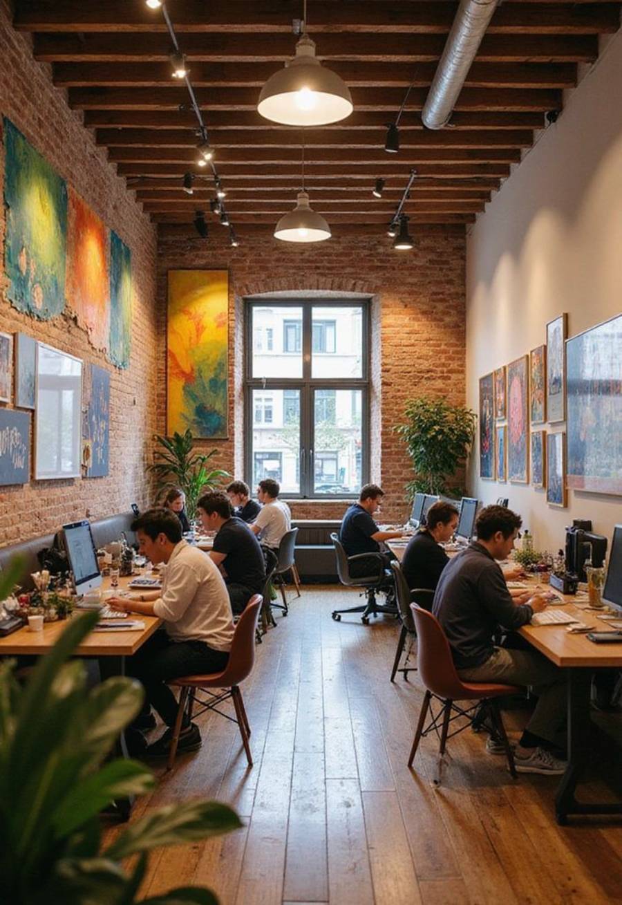 Un bureau ouvert avec des murs en briques apparentes, du parquet et des œuvres d'art colorées, où plusieurs personnes travaillent sur des ordinateurs se faisant face le long de deux rangées de bureaux, avec des plantes et de grandes fenêtres offrant une lumière naturelle.