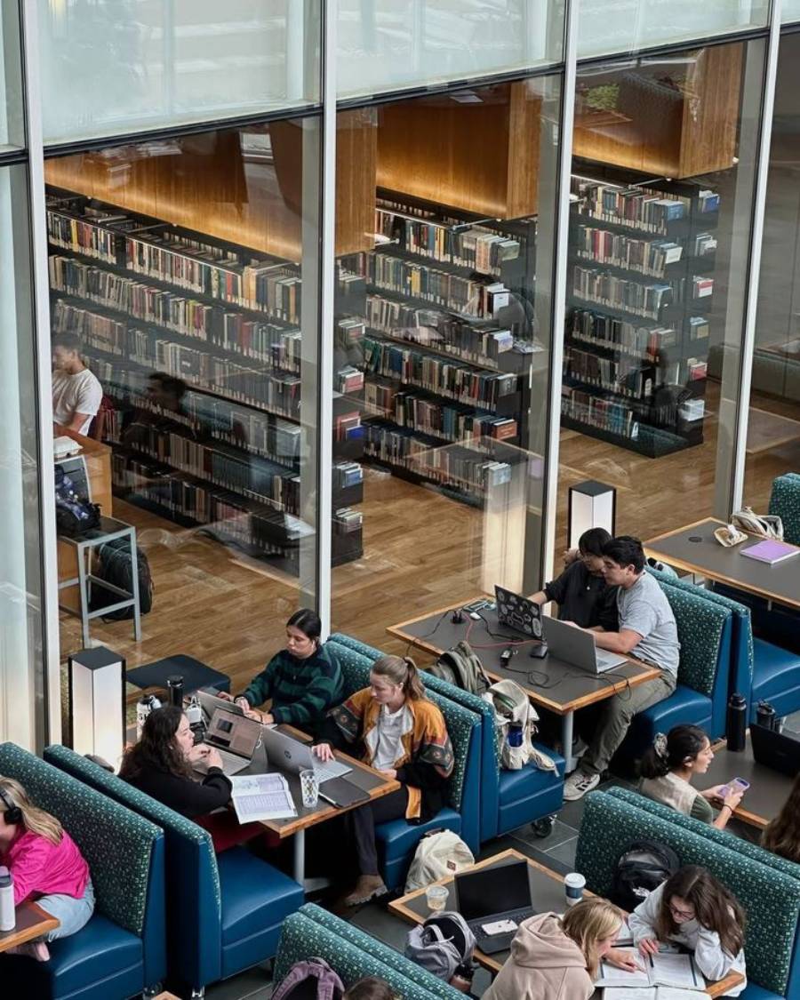 Les étudiants étudient en groupes autour de tables dans une bibliothèque moderne dotée de grandes fenêtres en verre. Des étagères bordent l’arrière-plan et des ordinateurs portables, des cahiers et des boissons sont visibles sur les tables.