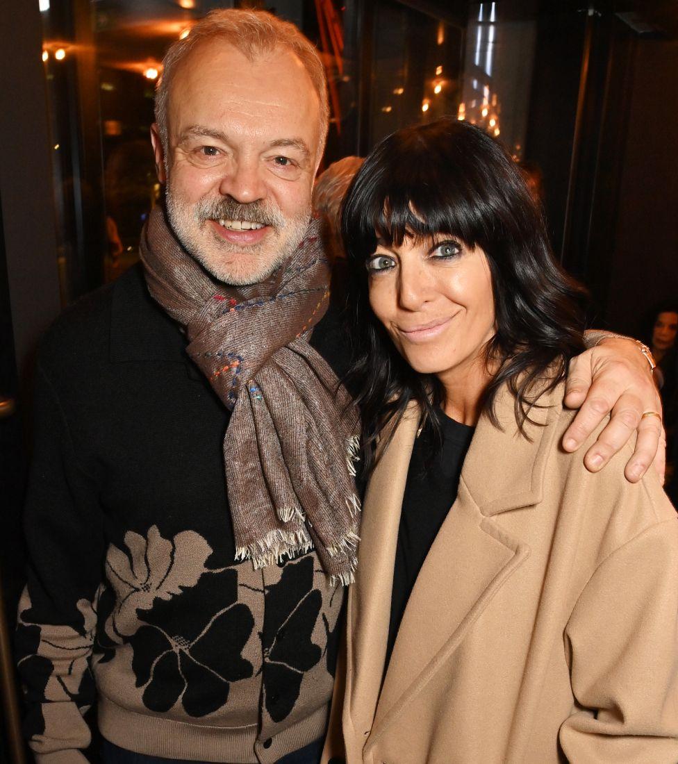 Graham Norton and Claudia Winkleman attend the Gala Opening of "David Hockney: Bigger & Closer (not smaller & further away)" at Lightroom on February 21, 2023 in London, England.
