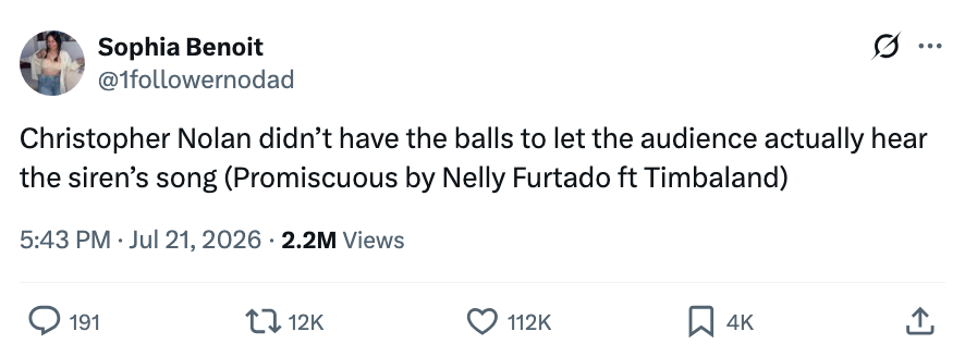 Tweet by Sophia Benoit criticizing Christopher Nolan for not allowing the audience to hear the siren's song in "Promiscuous" by Nelly Furtado ft Timbaland