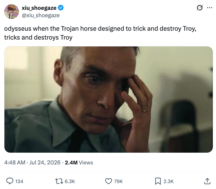 Person looking concerned, touching face, with caption: "Odysseus when the Trojan horse designed to trick and destroy Troy, tricks and destroys Troy."