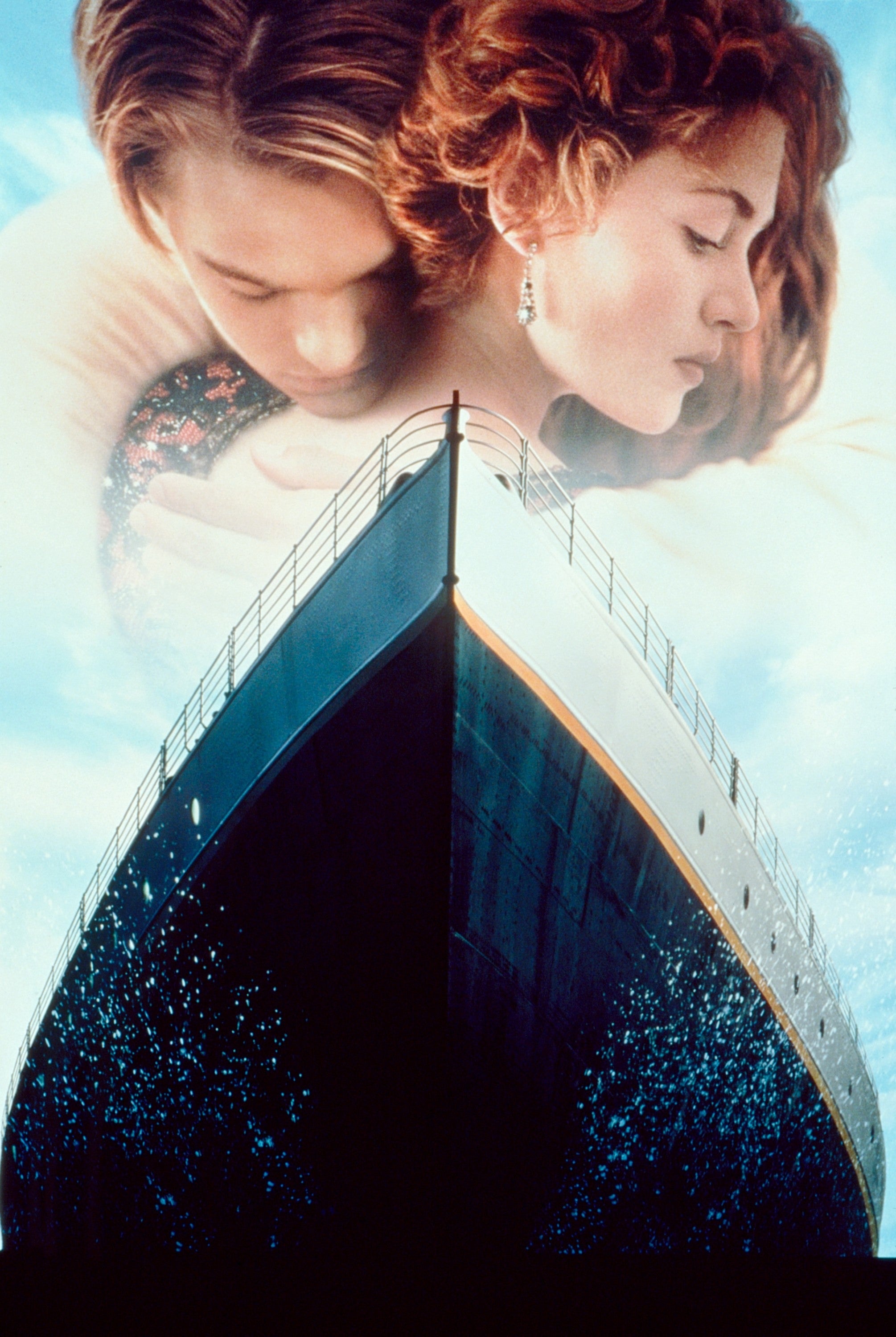 Two people embracing appear above the prow of a ship, symbolizing romance from a classic film